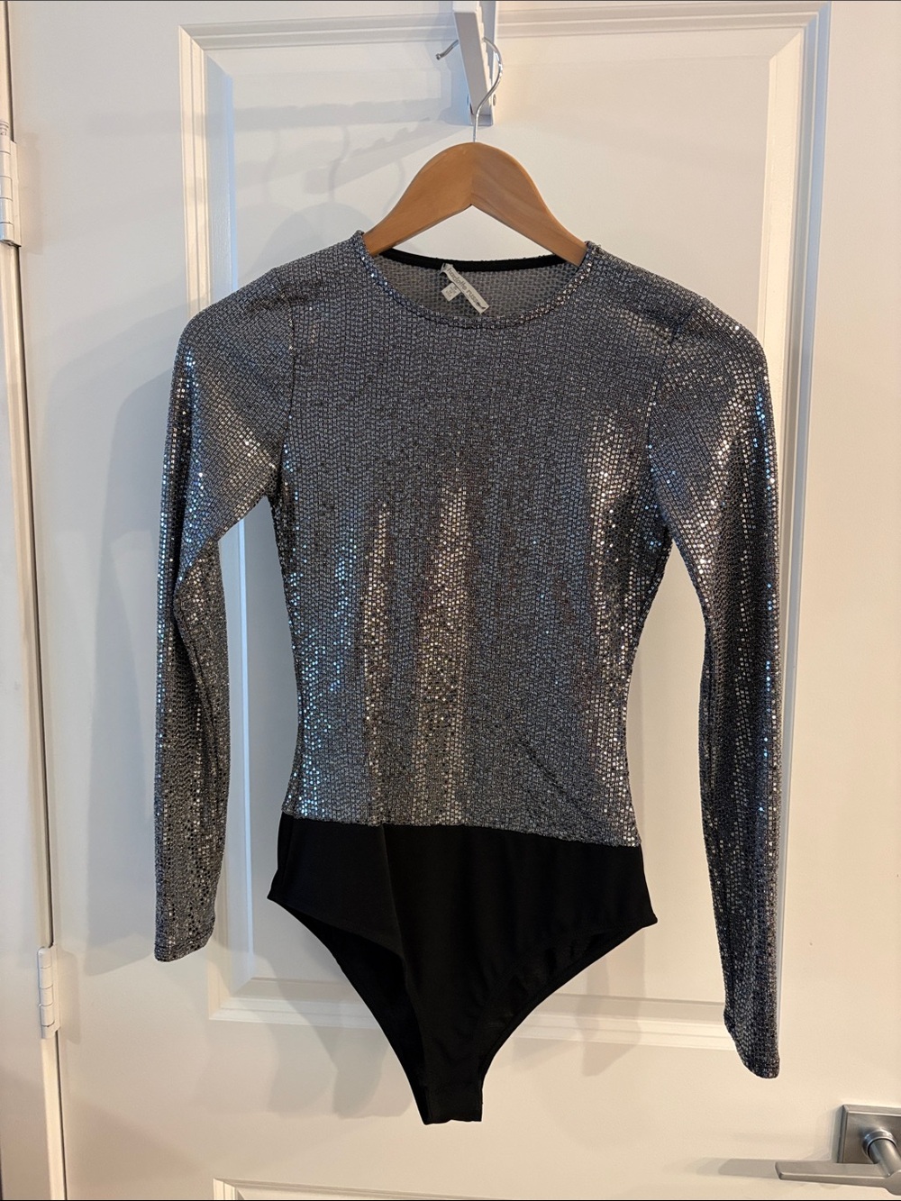 Silver Sequin Long-Sleeve One-Piece Bodysuit